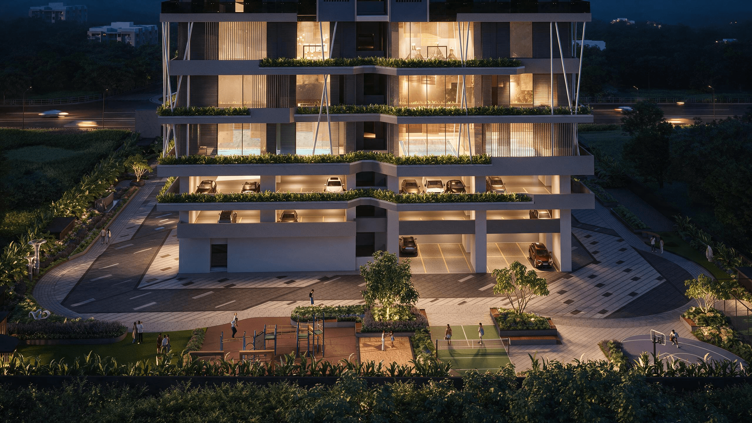 Grand Landscaped Podium and Multi-Tier Clubhouse