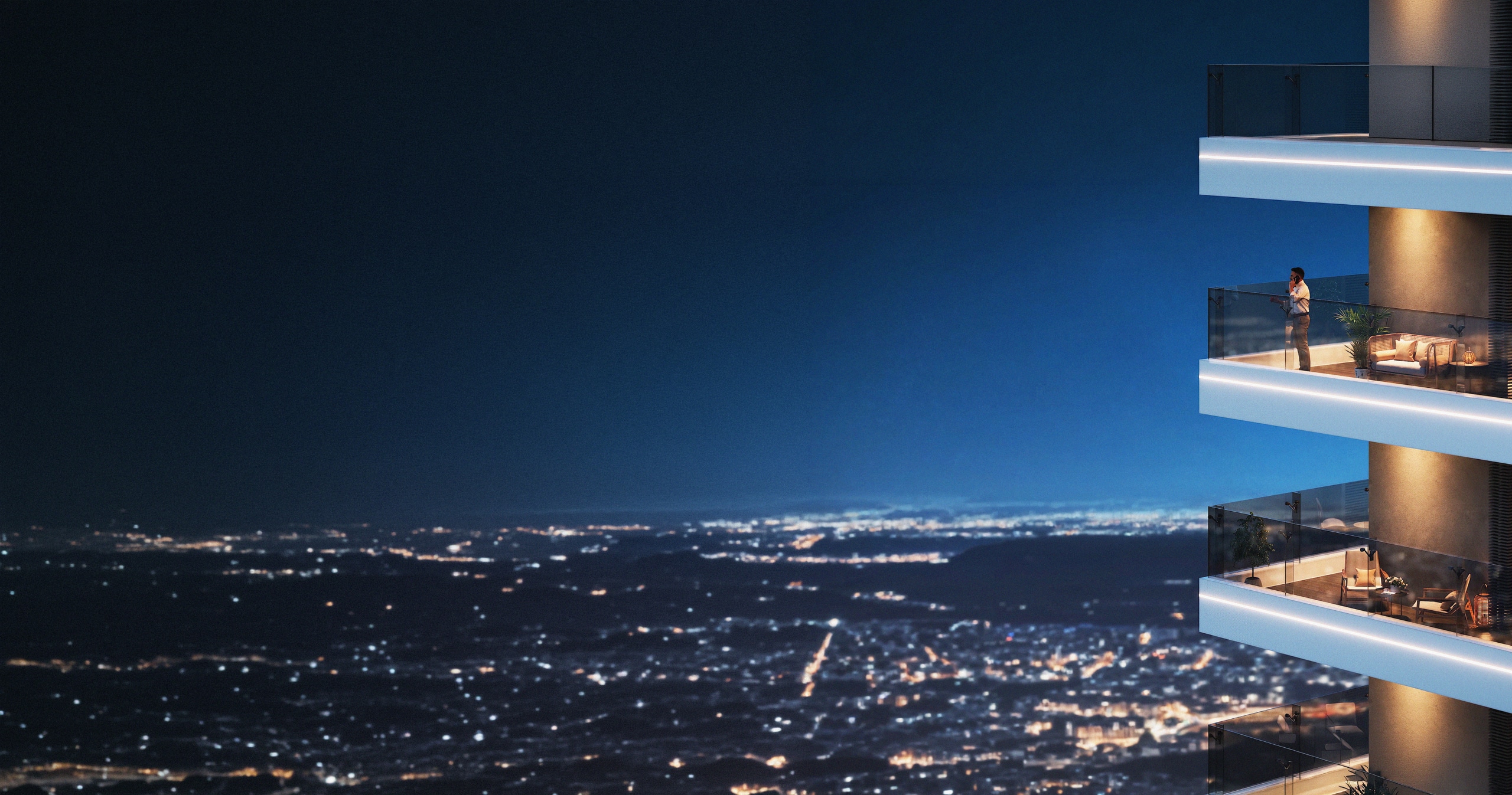 Illuminated Geometric Balcony Overlooking City Lights