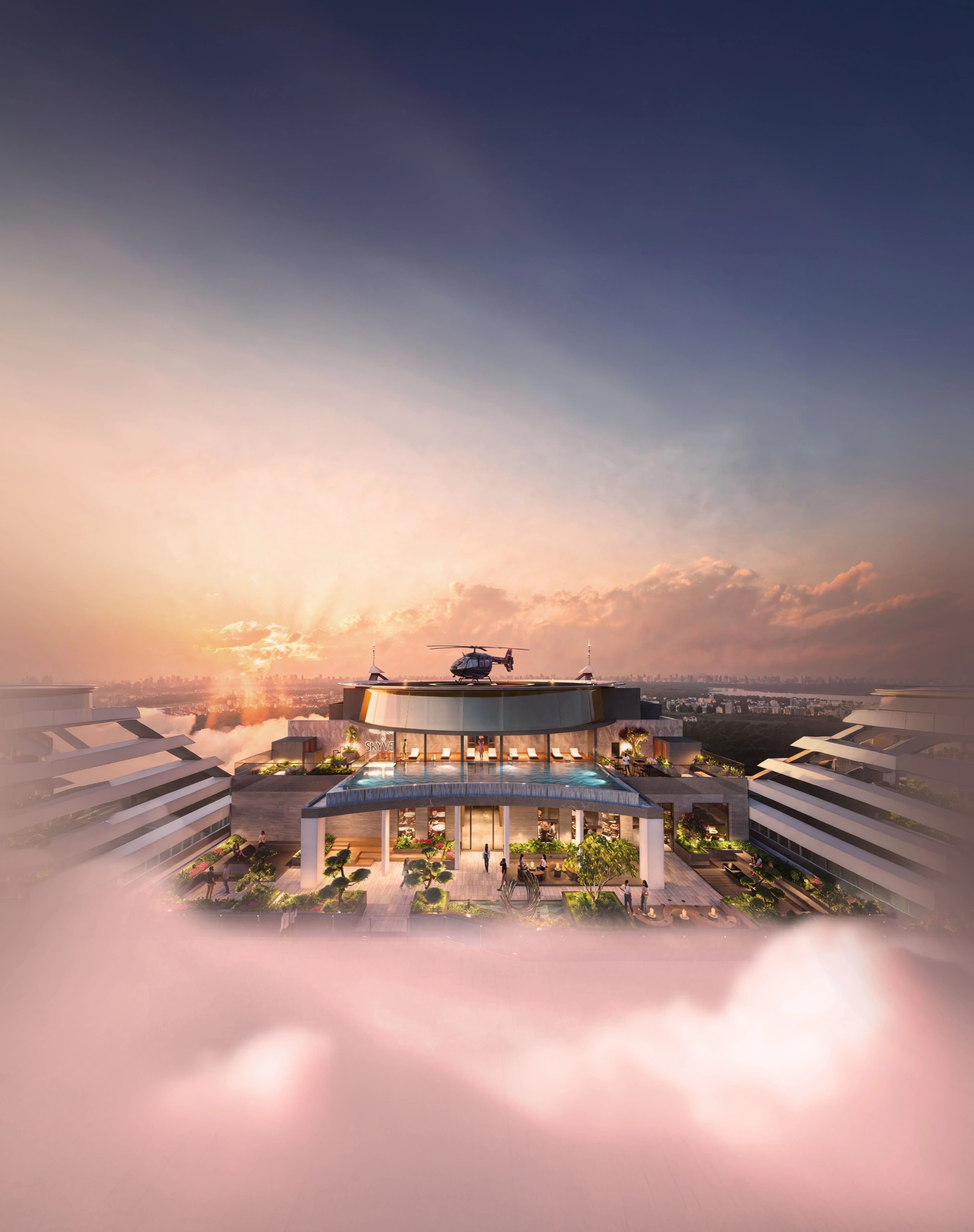 The Skyven sky deck at sunset, with its pool, helipad and terrace gardens